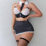 Women’s Erotic Uniform Lingerie Set – Sexy Striped Bow Miniskirt & Underwear Outfit