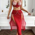 Women’s Red Lace Lingerie Dress – Sexy Sleeveless Nightwear with Sheer Detailing