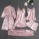 Women’s 5-Piece Ice Silk Sleepwear Set – Lightweight Long Sleeve Loungewear with Robe for Spring & Summer