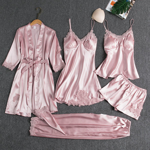 Women’s 5-Piece Ice Silk Sleepwear Set – Lightweight Long Sleeve Loungewear with Robe for Spring & Summer