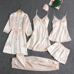 Women’s 5-Piece Ice Silk Sleepwear Set – Lightweight Long Sleeve Loungewear with Robe for Spring & Summer